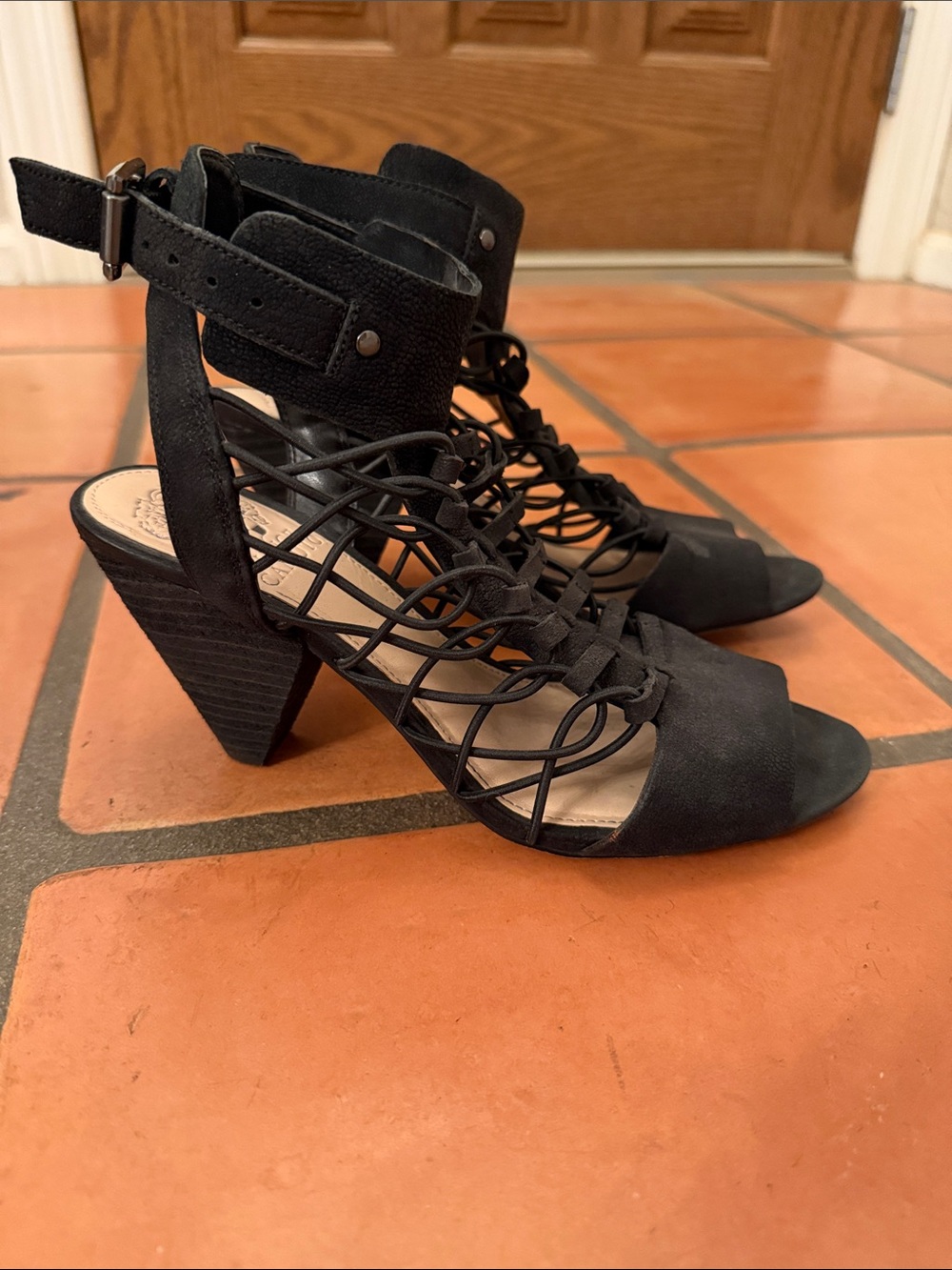 Vince Camuto Black Strappy Lace-Up Cone Heel Sandals